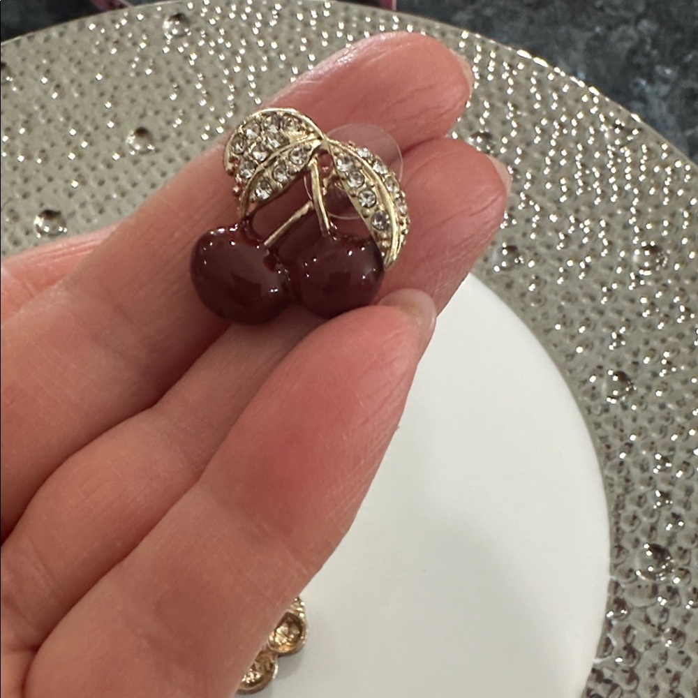 Elegant Gold and Red Cherry Earrings - Picture 5 of 6